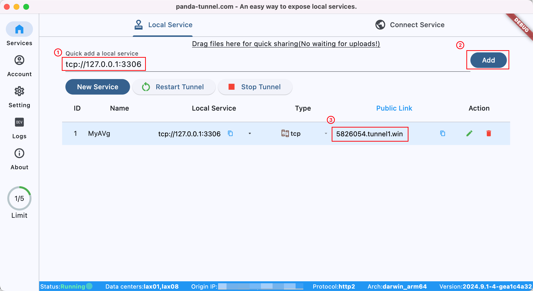 Panda Tunnel MySQL setup